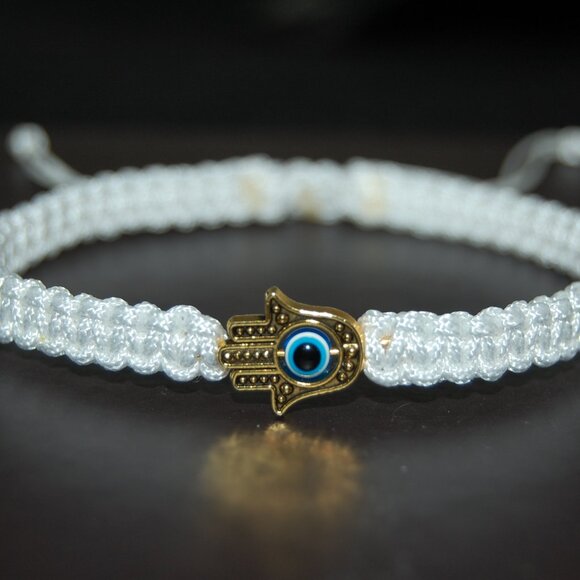 Hamsa Hand Bracelet,White Hamsa Hand Bracelet,Evil Eye Bracelet,Drawstring Style - Picture 1 of 2